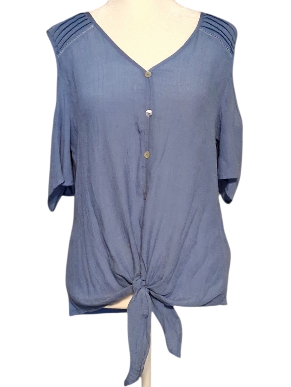 PerSeption Concept Light Blue Cold-Shoulder Button Front Blouse